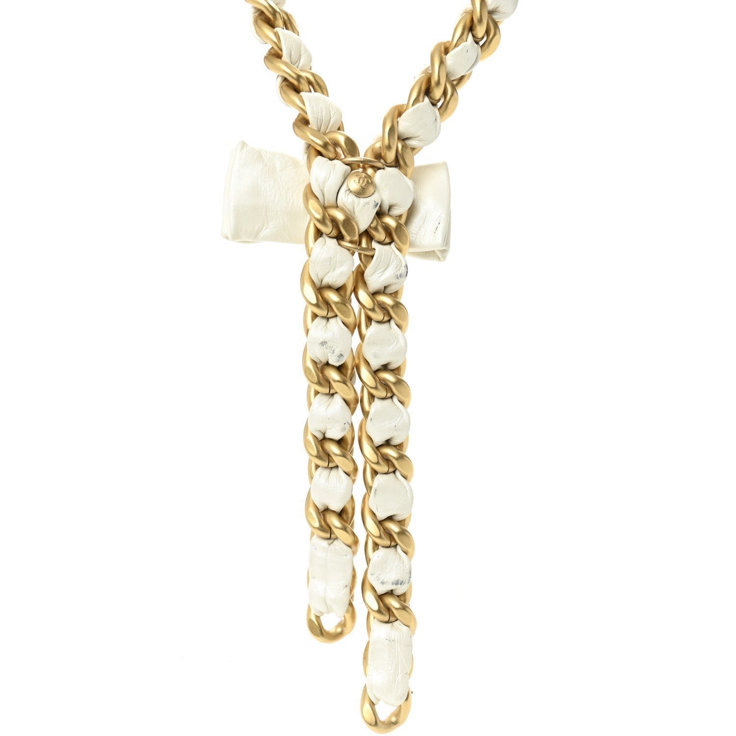Calfskin Chain Camellia Bow Necklace Gold White - Image 7