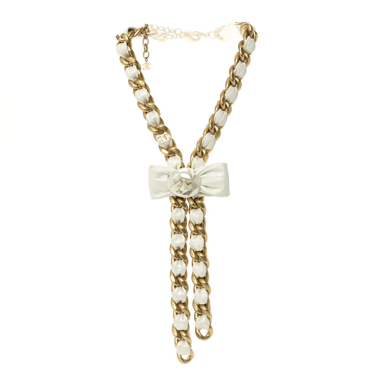 Calfskin Chain Camellia Bow Necklace Gold White - Image 3