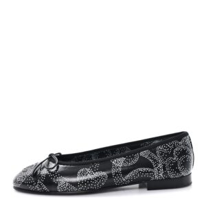 Calfskin Camellia Printed Cap Toe Ballerina Flats 36 Black White