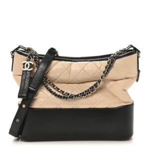 Aged Calfskin Quilted Medium Gabrielle Hobo Beige Black