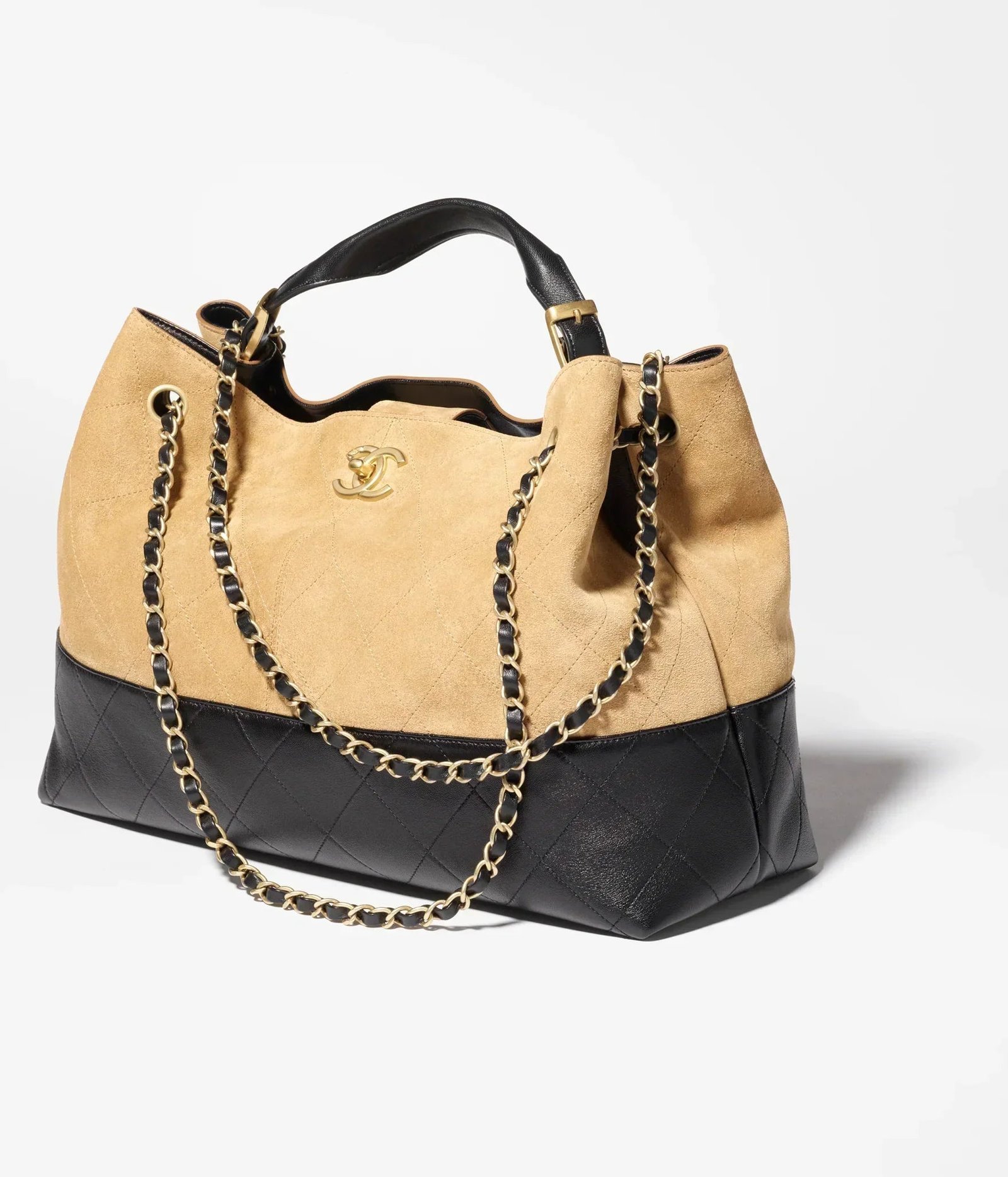 Large Shopping Bag Braided Straw, Suede Calfskin & Gold-Tone Metal