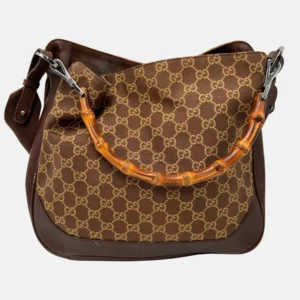 Shoulder Bag Brown Canvas with Bamboo Handle