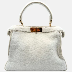 Peekaboo Medium Top Handle Bag White Shearling and Leather
