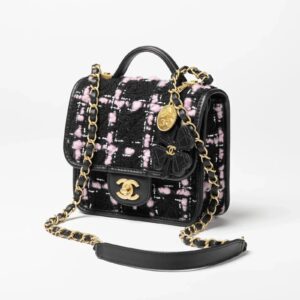 Mini Flap Bag with Top Handle Black Grained Shiny Calfskin & Gold-Tone Metal
