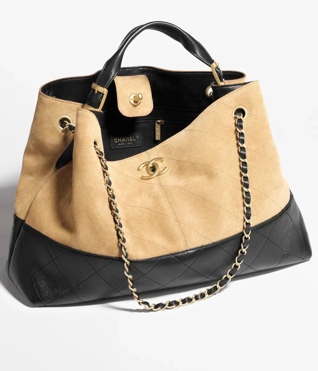 Large Shopping Bag Braided Straw, Suede Calfskin & Gold-Tone Metal - Image 2