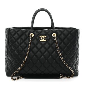 Caviar Quilted Large Coco Handle Shopping Tote Black