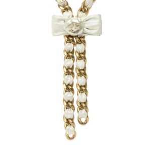 Calfskin Chain Camellia Bow Necklace Gold White