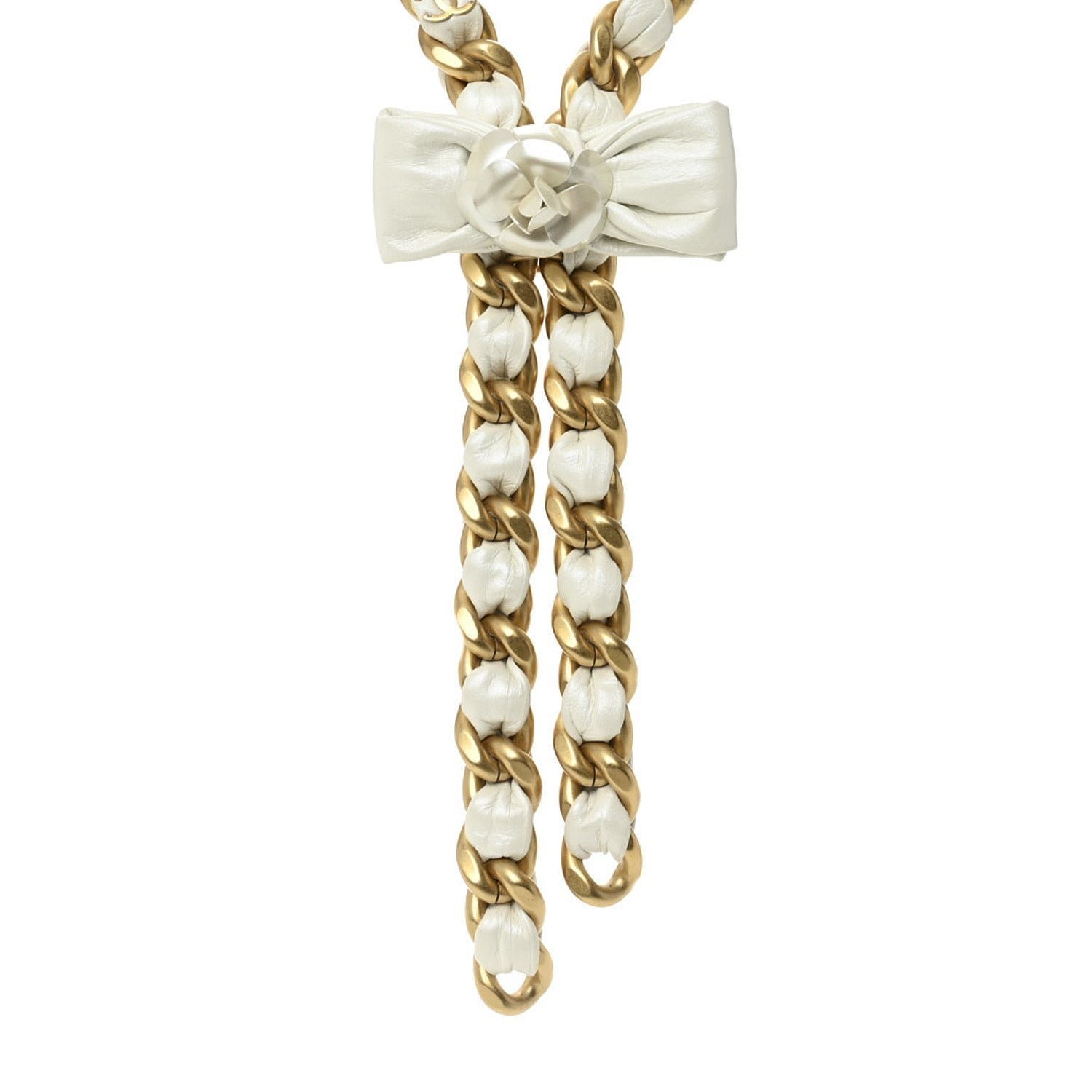 Calfskin Chain Camellia Bow Necklace Gold White