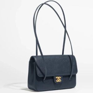 Small Flap Bag Grained Shiny Calfskin & Gold-Tone Metal  Dark Blue