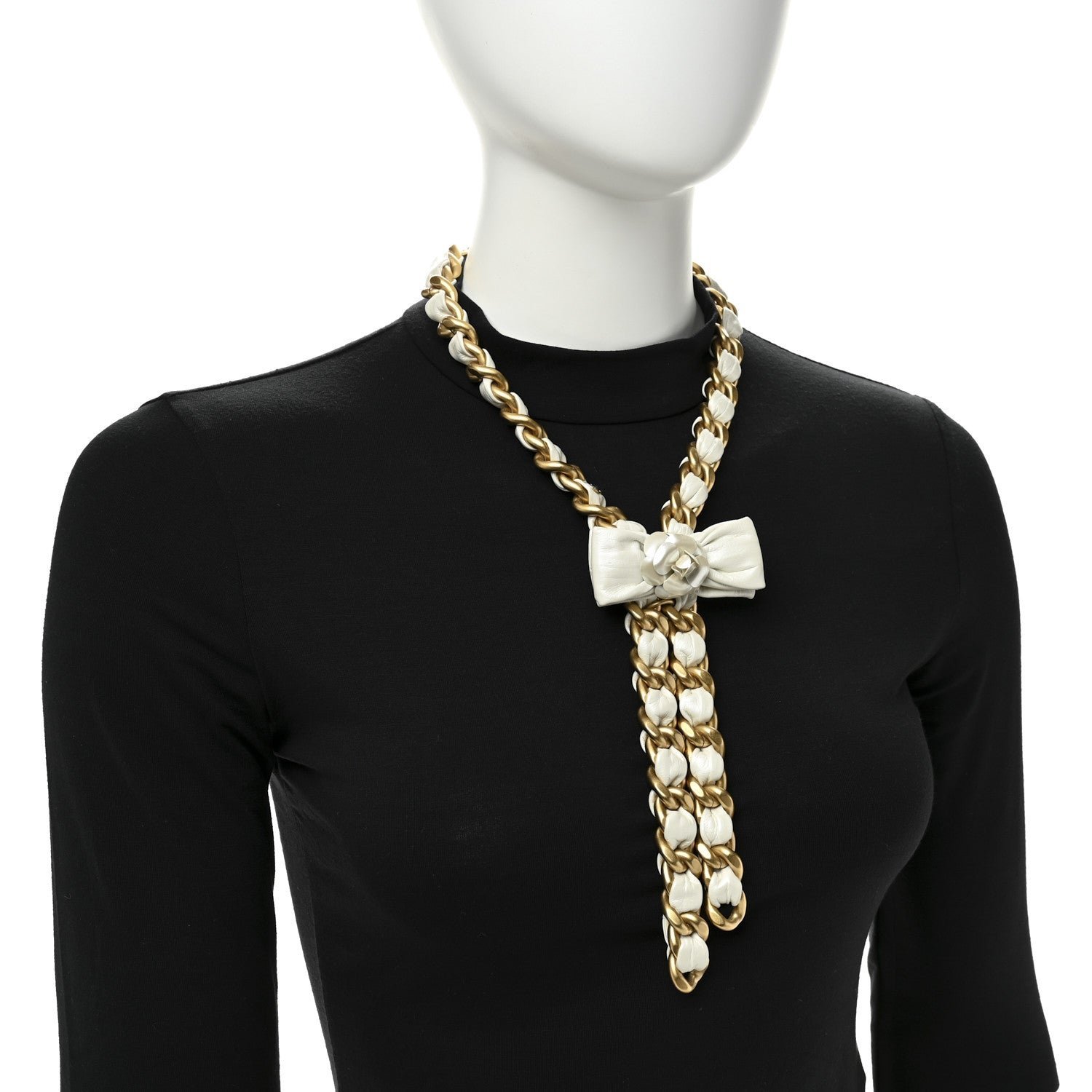 Calfskin Chain Camellia Bow Necklace Gold White - Image 2