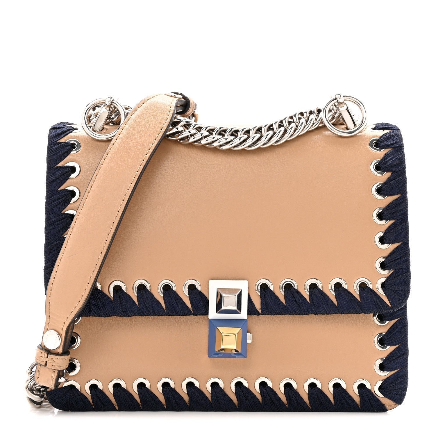 Fendi Vitello Liberty Lucido Ribbon Lace-Up Studded Small Kan I Shoulder Bag