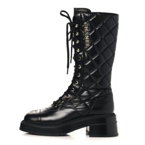 Calfskin Quilted Logo Lace Up Tall Combat Boots 37.5 Black
