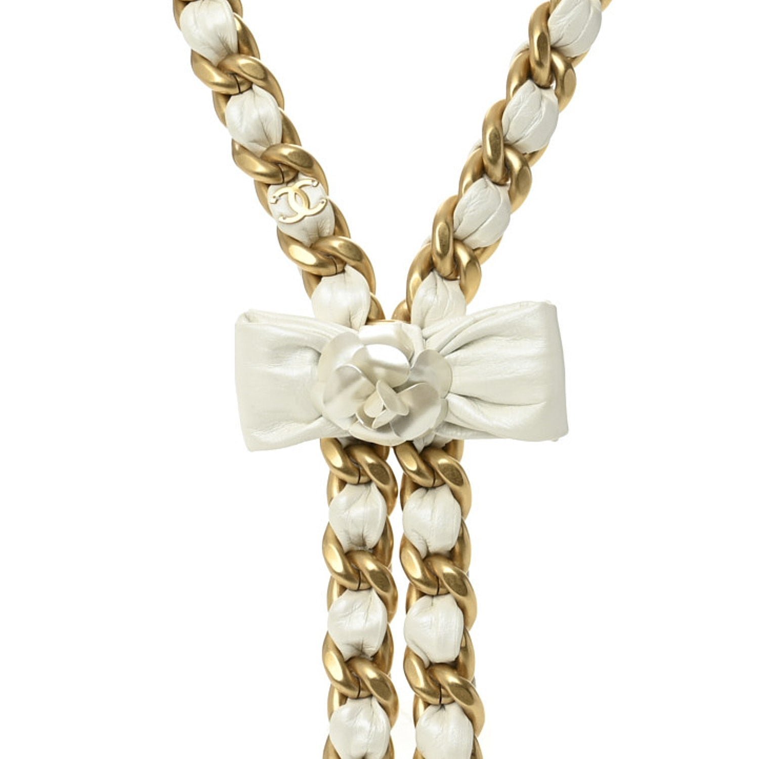 Calfskin Chain Camellia Bow Necklace Gold White - Image 5